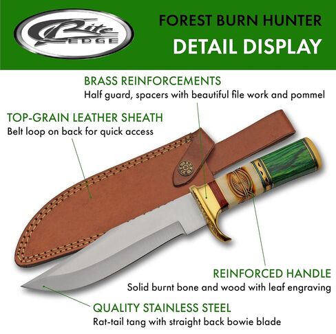SZCO Full Tang Hunting Knife 12.25 Inch - Pocket Knife with Stainless Steel Blade, Green Wood & Bone Handle & Leather Sheath - Bowie Knife for Camping, Hunting & Outdoor Adventures for Men in Saudi Arabia