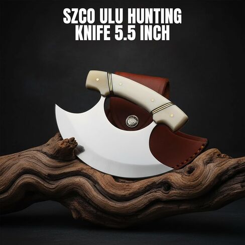 SZCO ULU Hunting Knife 5.5 Inch - Camping Knife with Bone Handle, Stainless Steel Crescent Blade & Sheath - Pocket Knife for Hunting, Camping & Outdoor uses - Knives for Men in Saudi Arabia