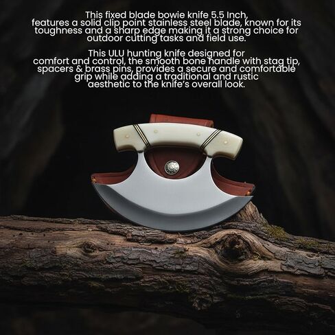 SZCO ULU Hunting Knife 5.5 Inch - Camping Knife with Bone Handle, Stainless Steel Crescent Blade & Sheath - Pocket Knife for Hunting, Camping & Outdoor uses - Knives for Men in Saudi Arabia