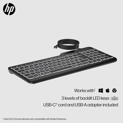 HP 400 Backlit Wired Keyboard (Ash Wired) - Warm White LED Illuminated Keys w/ 3 Brightness Levels - Slim & Portable Design - 12 Programmable Keys - Spill-Resistant, Sanitizable in Saudi Arabia