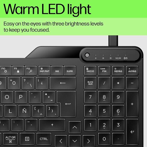 HP 400 Backlit Wired Keyboard (Ash Wired) - Warm White LED Illuminated Keys w/ 3 Brightness Levels - Slim & Portable Design - 12 Programmable Keys - Spill-Resistant, Sanitizable in Saudi Arabia