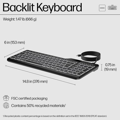 HP 400 Backlit Wired Keyboard (Ash Wired) - Warm White LED Illuminated Keys w/ 3 Brightness Levels - Slim & Portable Design - 12 Programmable Keys - Spill-Resistant, Sanitizable in Saudi Arabia