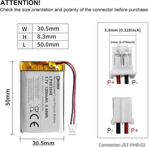 EEMB 3.7V 803048 1200mAh Lipo Battery Rechargeable JST 2.0mm, 1-Pack in Kuwait