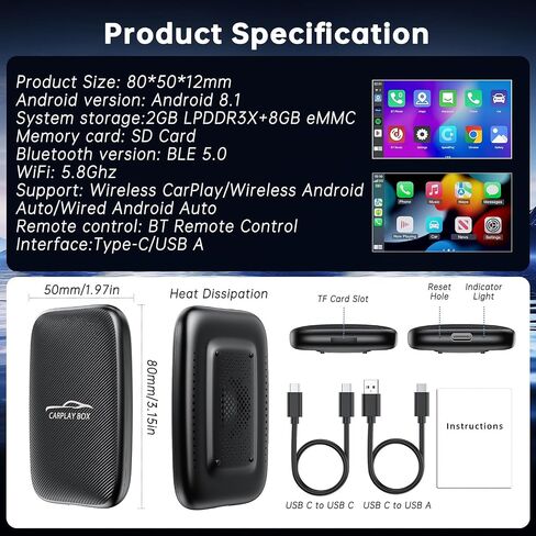 5-in-1 Wireless CarPlay Adapter and Android Auto Wireless Adapter, Carplay Wireless Adapter with Netflix YouTube TF Card, Magic Ai Box for OEM Wired iPhone Car Play Cars, Plug & Play Easy Setup in Saudi Arabia
