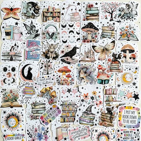 50PCS Fantasy Gothic Bookish Stickers – Aesthetic Reading & Cottagecore Vinyl Decals with Fairies, Books, Moons – Waterproof Scrapbook Stickers for Journaling, Planners, Laptops, Booktok Lovers in Saudi Arabia