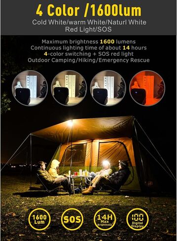 20000mAh Rechargeable LED Camping Lantern - 1600LM, QC3.0 22.5W, 4 - Color Switch, IPX5 Waterproof - Perfect for Camping, Hiking & Emergency Situations(Black) in Kuwait