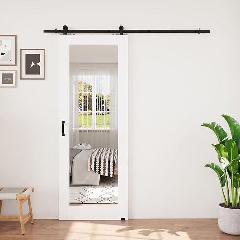 Full-Length Mirror Solid Wood Closet Barn Door, 28"x80", Soft Close in Saudi Arabia