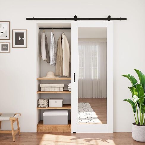 Full-Length Mirror Solid Wood Closet Barn Door, 28"x80", Soft Close in Saudi Arabia