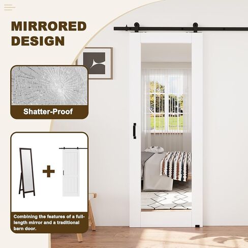 Full-Length Mirror Solid Wood Closet Barn Door, 28"x80", Soft Close in Saudi Arabia