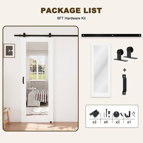 Full-Length Mirror Solid Wood Closet Barn Door, 28"x80", Soft Close in Saudi Arabia