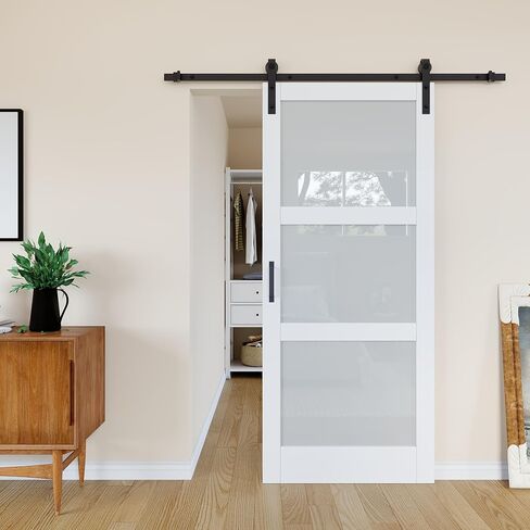 Frosted Glass White PVC Solid Wood Sliding Barn Doors, 30"x84", Soft Close in Saudi Arabia