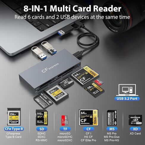 CFexpress Type B Card Reader, 8 in 1 Aluminum CF Express Memory Card Reader Support CF Express Type B/CF/XD/MS/TF/SD/USB, Mulit CFexpress Card Adapter with USB3.2 Gen2 10Gbps for Windows/Mac/Linux in Kuwait