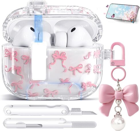 Bow-Print Clear Case for AirPods Pro 3, Includes Cleaner & Cute Charm in Saudi Arabia