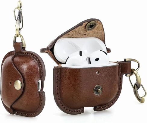 Hiram Full Grain Leather AirPods 4 Case Cover, Wireless Bluetooth Earphone Protective Holder Compatible with Airpods 4th Generation 2024, with Keychain Hook and Metal Snap in Saudi Arabia