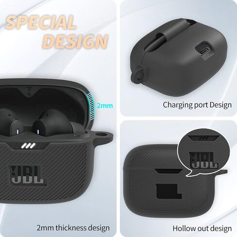 for JBL Tune 230NC TWS Case Cover, Silicone Protective Portable Scratch Shock Resistant Cover ONLY Compatible with JBL 230NC Earbuds Charging Case with Carabiner(Black) in Kuwait