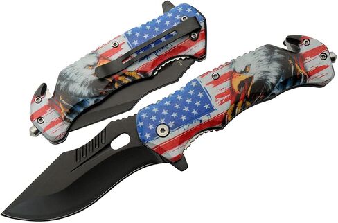 SZCO 4.75" USA Eagle Folding Pocket Knife – Patriotic EDC Folding Knife with 3.5" Black Blade, American Flag ABS Handle, Belt Clip, Glass Breaker & Seat Belt Cutter for Outdoor Use in Saudi Arabia