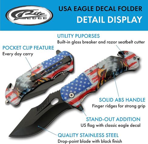 SZCO 4.75" USA Eagle Folding Pocket Knife – Patriotic EDC Folding Knife with 3.5" Black Blade, American Flag ABS Handle, Belt Clip, Glass Breaker & Seat Belt Cutter for Outdoor Use in Saudi Arabia