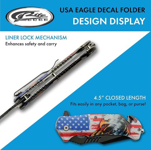 SZCO 4.75" USA Eagle Folding Pocket Knife – Patriotic EDC Folding Knife with 3.5" Black Blade, American Flag ABS Handle, Belt Clip, Glass Breaker & Seat Belt Cutter for Outdoor Use in Saudi Arabia