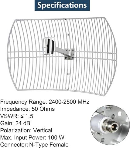 2.4GHz 24dBi High-Gain Outdoor Directional Grid Parabolic Antenna (2400-2483 MHz) Long Distance Range N-Female Connector for WI FI Router Security Camera in Kuwait