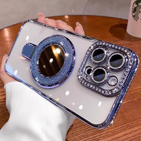 Glitter Diamond Magnetic Case for iPhone 17 Pro Max Clear with Sparkly Makeup Mirror Invisible Stand Ring 17 Pro Max Case Women Girls Cute Bling Luxury Shiny Shockproof Protective Cover 6.9", Silver in Saudi Arabia