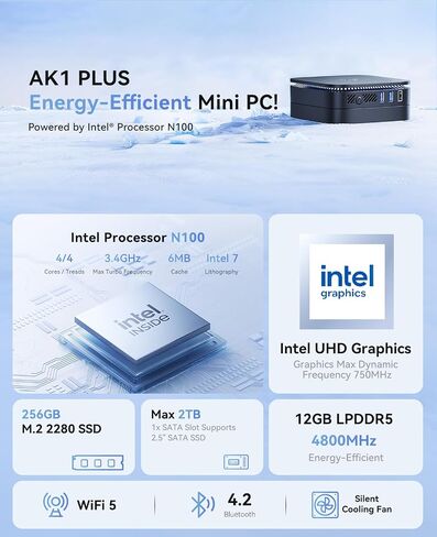 KAMRUI AK1PLUS Mini Computer, 12GB LPDDR5 256GB M.2 SSD, Intel Processor N100 (Up to 3.4GHz), Mini Desktop Computer Support 4K Dual Display, WiFi 5, BT 4.2, Gigabit Ethernet, Business Office PC in Kuwait
