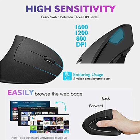 FLY WAY Wireless Bluetooth Vertical Mouse, Ergonomic 800/1200/1600DPI Colorful Backlight Mice with BT CSR 4.0 Receiver, 6 Buttons, for PC Laptop Computer MacBook (Black) in Kuwait