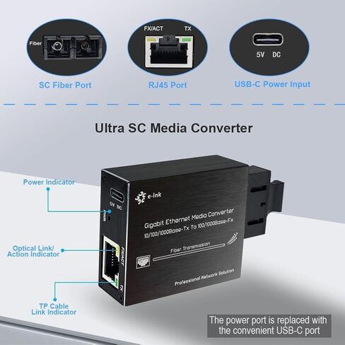 محول الوسائط Elenzk Gigabit SC بطول 20 كم مع منفذ طاقة USB-C in Kuwait