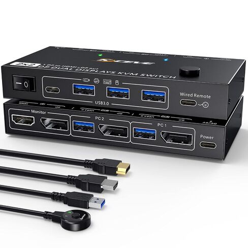 KVM Switch Dual Monitor DisplayPort 1.4 8K@30H 4K@144Hz for 2 Computers,DP1.4 KVM Switch with 3 USB3.0 and 1 USB-C 1 in 2 Out,Backnward Compatible DP1.2 with DP+UBS Cables and Wired Controller in Kuwait