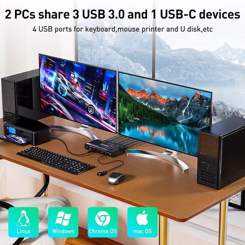 KVM Switch Dual Monitor DisplayPort 1.4 8K@30H 4K@144Hz for 2 Computers,DP1.4 KVM Switch with 3 USB3.0 and 1 USB-C 1 in 2 Out,Backnward Compatible DP1.2 with DP+UBS Cables and Wired Controller in Kuwait