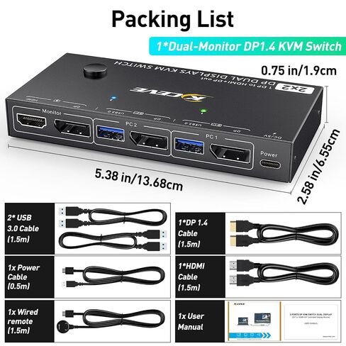 KVM Switch Dual Monitor DisplayPort 1.4 8K@30H 4K@144Hz for 2 Computers,DP1.4 KVM Switch with 3 USB3.0 and 1 USB-C 1 in 2 Out,Backnward Compatible DP1.2 with DP+UBS Cables and Wired Controller in Kuwait