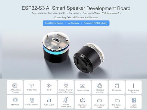 ESP32-S3 AI Smart Speaker Development Board Onboard Dual Microphone Array, AI Speech, Surround RGB Lighting, Supports Connecting External LCD Displays and Cameras, ESP32-S3 Audio Board in Kuwait