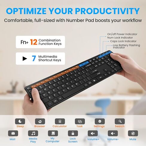 Wireless Keyboard-2.4G USB Ultra Slim Quiet Full Size Matte PC Computer Keyboard,19 Multimedia Keys,Number Pad,Plug&Play,Lag-Free Ergo,Long Battery Life for Desktop,Laptop,Smart TV,MAC,Windows,QWERTY in Saudi Arabia