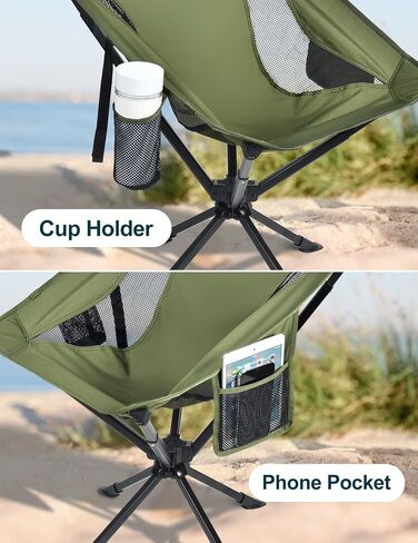 Docusvect Swivel Portable Camping Chair for Adults, Fast Setup, Lightweight & Small Folding Chair with Cup Holder, Side Pocket and Carry Bag - Support 330 LBS in Saudi Arabia