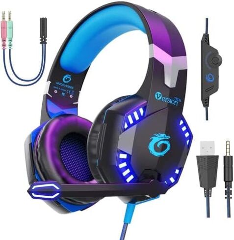 VersionTECH. G2000 Gaming Headset for PS5 PS4 Xbox One Controller,Bass Surround Noise Cancelling Mic, Over Ear Headphones with LED Lights for Mac Laptop Xbox Series X S Nintendo Switch NES PC Games in Kuwait