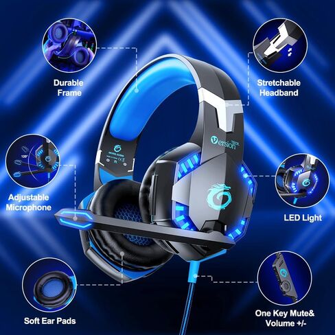 VersionTECH. G2000 Gaming Headset for PS5 PS4 Xbox One Controller,Bass Surround Noise Cancelling Mic, Over Ear Headphones with LED Lights for Mac Laptop Xbox Series X S Nintendo Switch NES PC Games in Kuwait