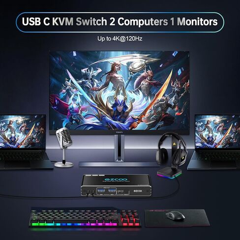 HDMI2.1 KVM Switch 4K@120Hz USB-C for 2 Laptops with 2 USB 2.0 Ports L/R MIC Out Share 1 Monitors Keyboard Mouse Hard Drive Printer in Saudi Arabia