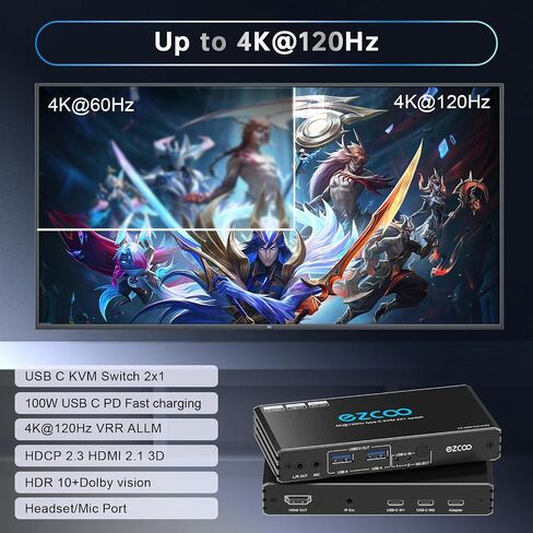 HDMI2.1 KVM Switch 4K@120Hz USB-C for 2 Laptops with 2 USB 2.0 Ports L/R MIC Out Share 1 Monitors Keyboard Mouse Hard Drive Printer in Saudi Arabia