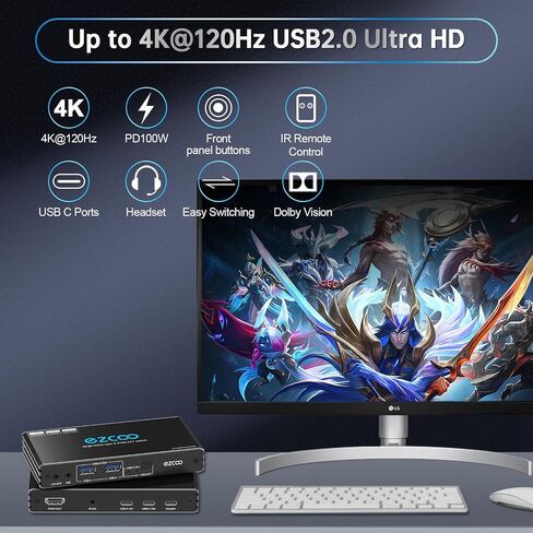 HDMI2.1 KVM Switch 4K@120Hz USB-C for 2 Laptops with 2 USB 2.0 Ports L/R MIC Out Share 1 Monitors Keyboard Mouse Hard Drive Printer in Saudi Arabia