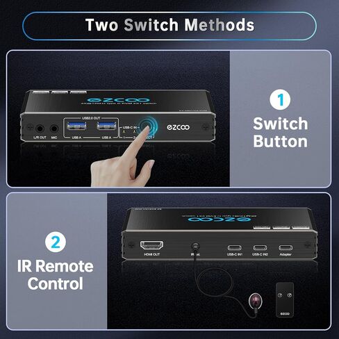 HDMI2.1 KVM Switch 4K@120Hz USB-C for 2 Laptops with 2 USB 2.0 Ports L/R MIC Out Share 1 Monitors Keyboard Mouse Hard Drive Printer in Saudi Arabia