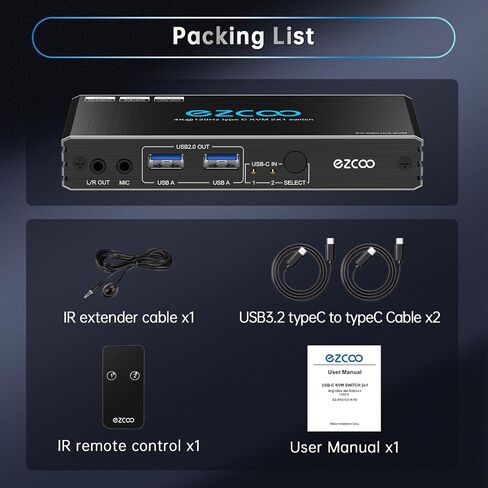 HDMI2.1 KVM Switch 4K@120Hz USB-C for 2 Laptops with 2 USB 2.0 Ports L/R MIC Out Share 1 Monitors Keyboard Mouse Hard Drive Printer in Saudi Arabia