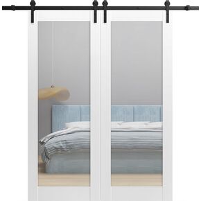 Sturdy Double Barn Door with | Lucia 1299 White Silk with Mirror | 13FT Rail Hangers Heavy Set | Solid Panel Interior Doors in Saudi Arabia