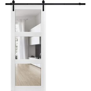 Sturdy Barn Door Clear Glass 3 Lites | Lucia 2555 Matte White | Top Mount 6.6FT Rail Hangers Heavy Hardware Set | Solid Panel Interior Doors in Saudi Arabia