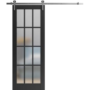 Sturdy Barn Door with Hardware | Felicia 3312 Matte Black with Frosted Glass | Stainless Steel 6.6FT Rail Hangers Heavy Set | Solid Panel Interior Doors in Saudi Arabia