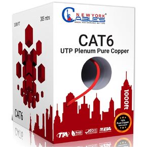 NewYork Cables CAT6 Plenum Cable 1000ft | 100% Pure Copper, UTP, 550MHz, 23AWG, 4Pair 10GB Ethernet Cable, Certified CMP-Rated Bulk Cat 6 for Networking & Gaming (1000ft, Pure Copper,White) in Kuwait