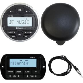 Gauge Style Bluetooth Marine AM/FM/WB Tuner Digital Media Stereo Receiver Bundle with Protective Boat Radio Cover, Wired Remote Control, 22" Wired Radio Reception Antenna in Kuwait