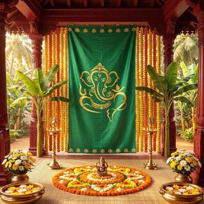 Fanfanwin 8 x 5 ft Indian Pooja Backdrop Decoration, Green in Kuwait