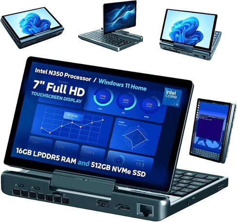 جي بي دي ميكرو بي سي 2 | كمبيوتر محمول صغير محمول بشاشة 7 بوصات 1080 بكسل | مع معالج Intel N300، ورسومات UHD؛ 16 جيجابايت LPDDR5، 512 جيجابايت NVMe SSD؛ 2.5 جيجا إيثرنت، USB-C، HDMI 2.1، Wi-Fi 6، BT 5.2 in Kuwait