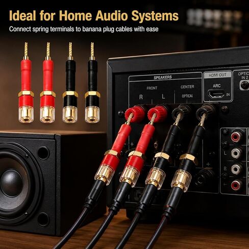 Banana Plug to 4mm Female Adapter 4-Pack, 30A Gold-Plated Spring-Loaded Flex Pin, Color-Coded Red/Black, 6-24AWG for Yamaha Sony Denon Amplifier Receiver Home Theater Speaker Binding Post Wall Plate in Kuwait