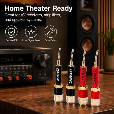 Banana Plug to 4mm Female Adapter 4-Pack, 30A Gold-Plated Spring-Loaded Flex Pin, Color-Coded Red/Black, 6-24AWG for Yamaha Sony Denon Amplifier Receiver Home Theater Speaker Binding Post Wall Plate in Kuwait