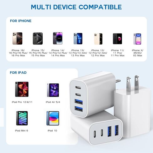 35W Apple iPhone 17 16 Pro Adapter,3Pack 4-Port Quick Charger Block USB C MultiPort PD Plug Adapter+QC Double Type C Adapter Fast Charging for iPhone 17 Air/17 Pro Max/16e/15/15 Pro/14/13/12/11/X/iPad in Kuwait